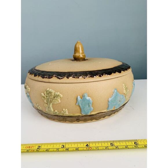 Arnel’s Signed Blue Teal Green Tan Lidded Ceramic Dish Trinket Box Home Decor - Picture 7 of 14